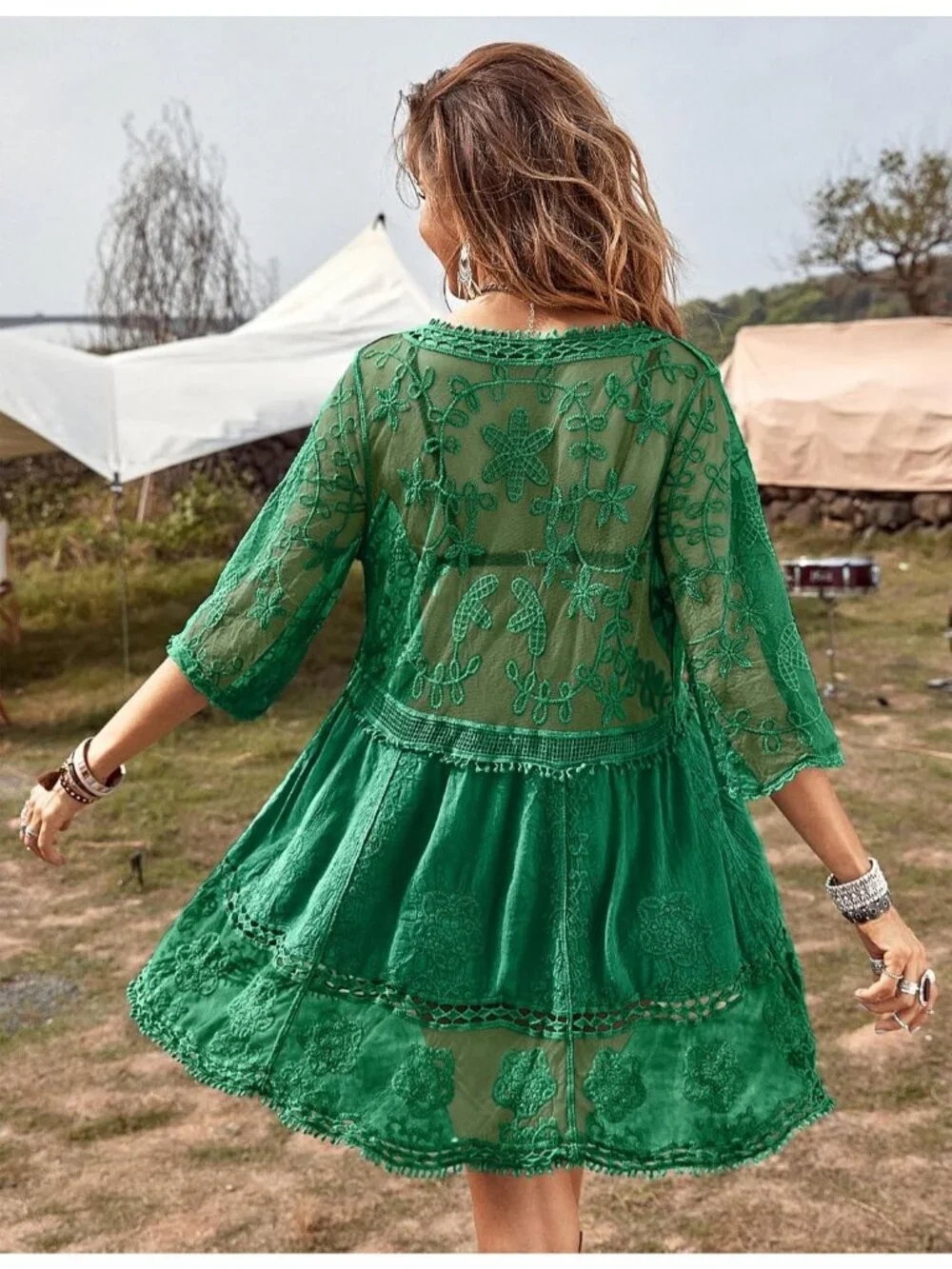 Women's Grass Green Rayon V-Neck Coverup Mesh Lace Bathing Suit Swimsuit Coverup